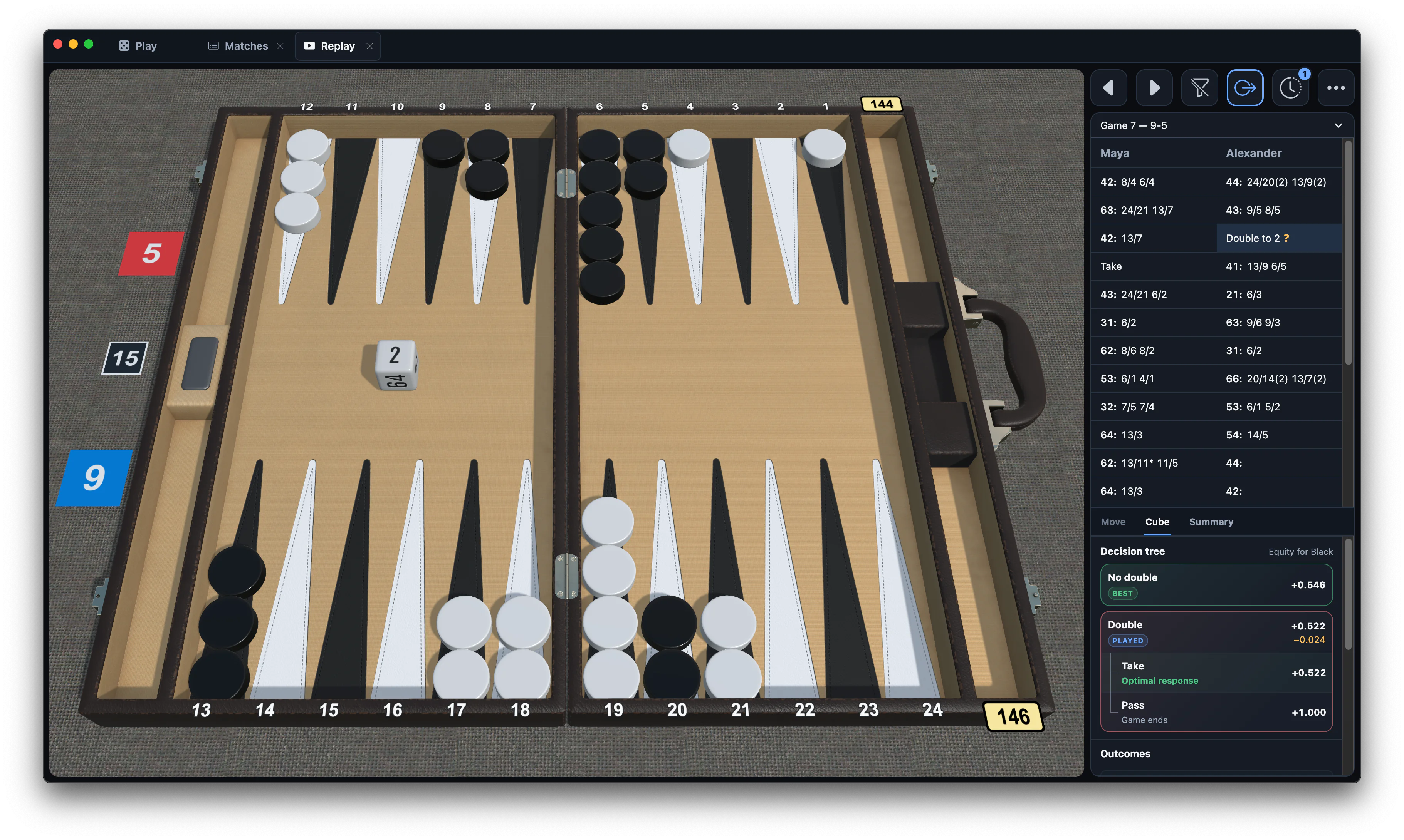 Match replay in Armagammon Free, with the cube decision analyzed beside the 3D board