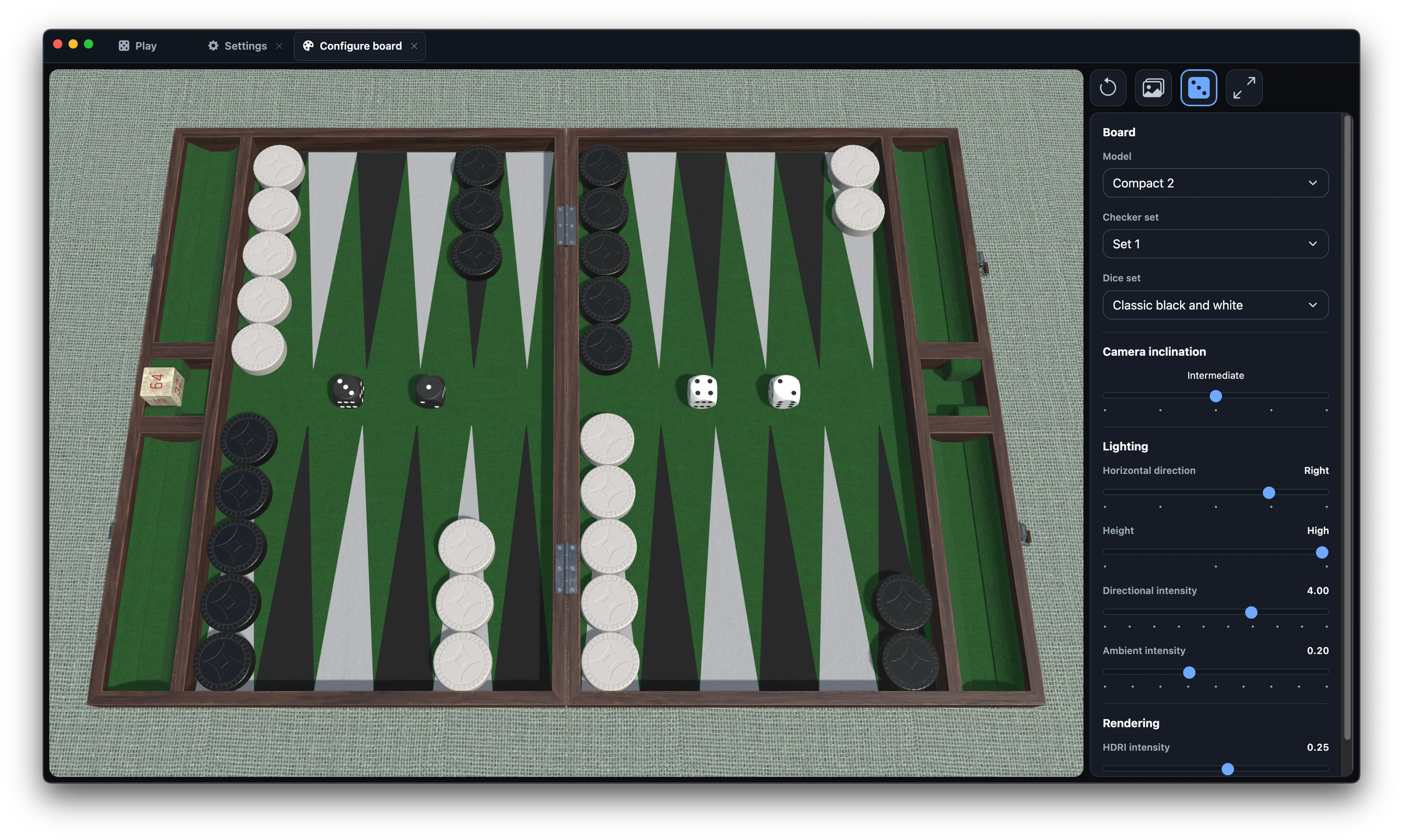 Board settings in Armagammon Pro, with board model, checkers, dice, camera angle, and lighting